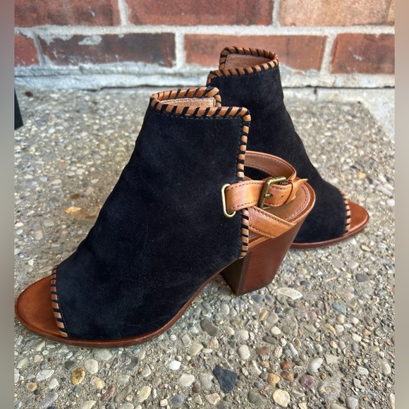 Frye Bohemian Whipstitch Suede Stacked Heel Black Peep Toe Boots Size 10 - Picture 2 of 12